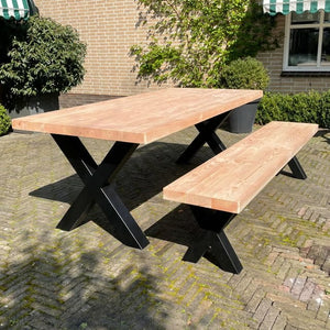 Tuinset douglas tafel en bank met stalen X-poten zwart gepoedercoat